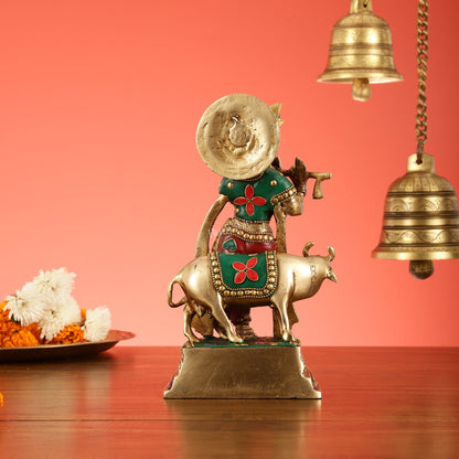 Exquisite 10-Inch Brass Krishna with Cow Stonework