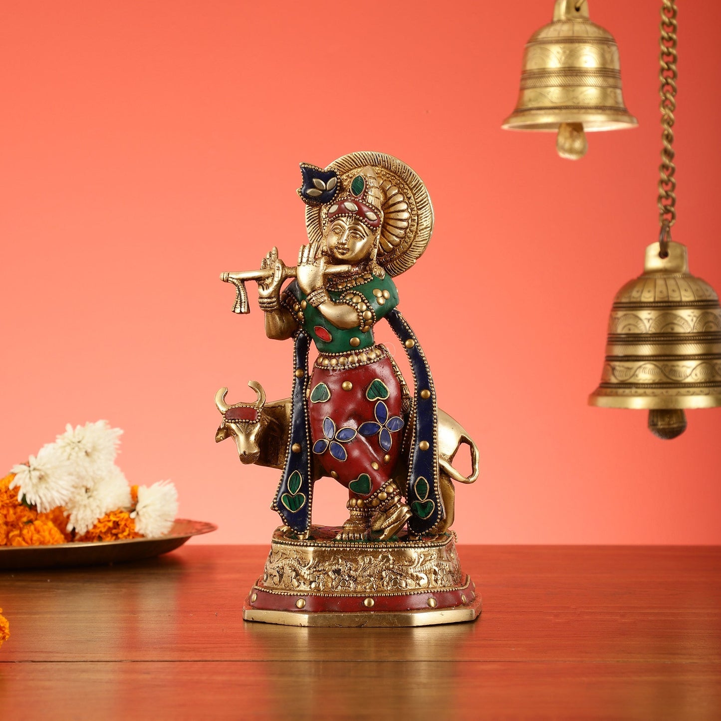 Exquisite 10-Inch Brass Krishna with Cow Stonework