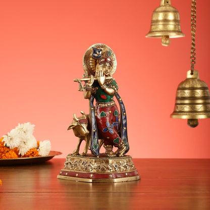 Exquisite 10-Inch Brass Krishna with Cow Stonework