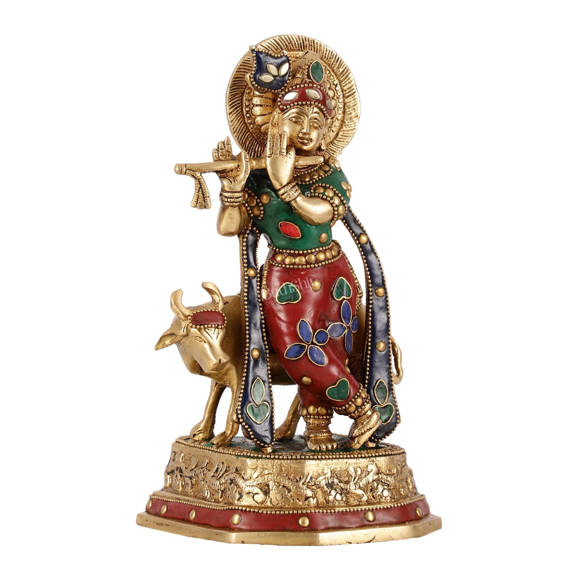 Exquisite 10-Inch Brass Krishna with Cow Stonework