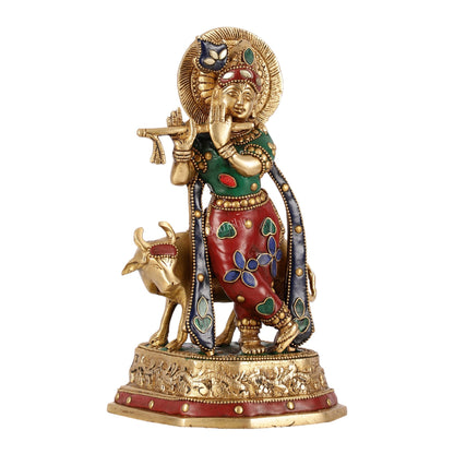 Exquisite 10-Inch Brass Krishna with Cow Stonework