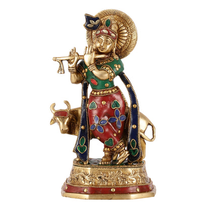 Exquisite 10-Inch Brass Krishna with Cow Stonework