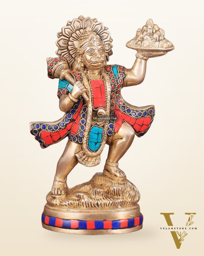 Exquisite 10-Inch Superfine Brass Idol of Lord Hanuman with Sanjeevani Mountain