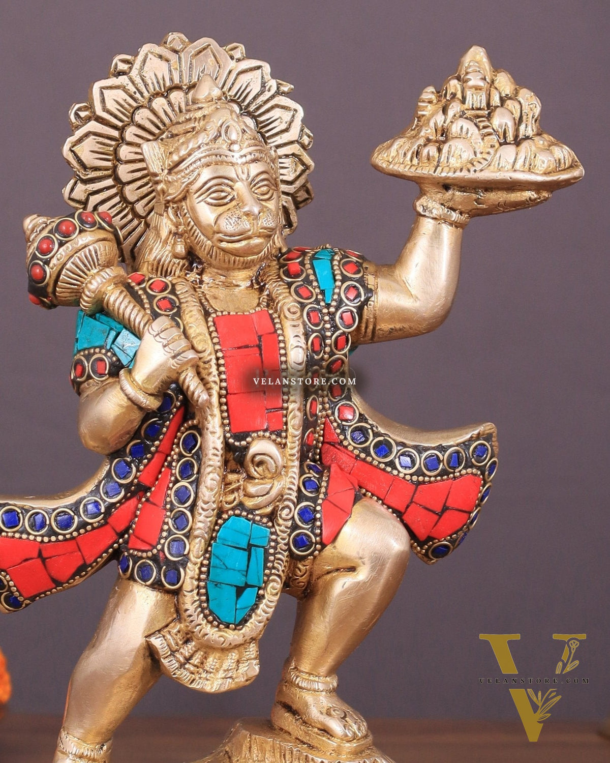 Exquisite 10-Inch Superfine Brass Idol of Lord Hanuman with Sanjeevani Mountain