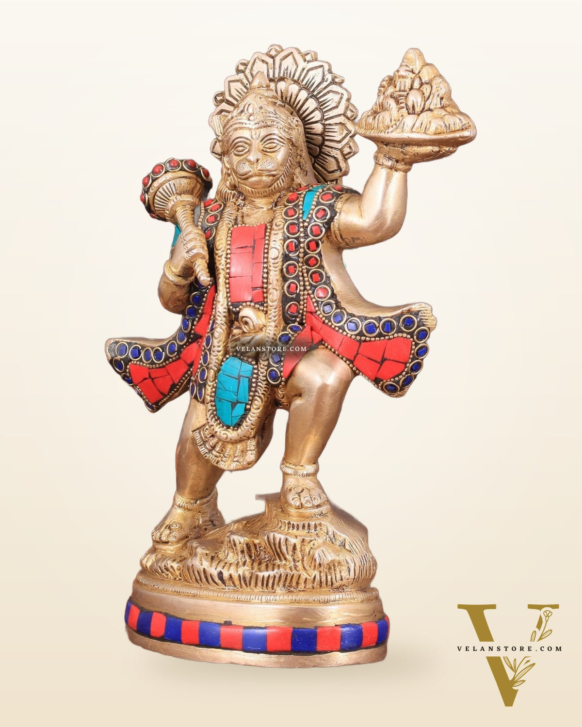 Exquisite 10-Inch Superfine Brass Idol of Lord Hanuman with Sanjeevani Mountain