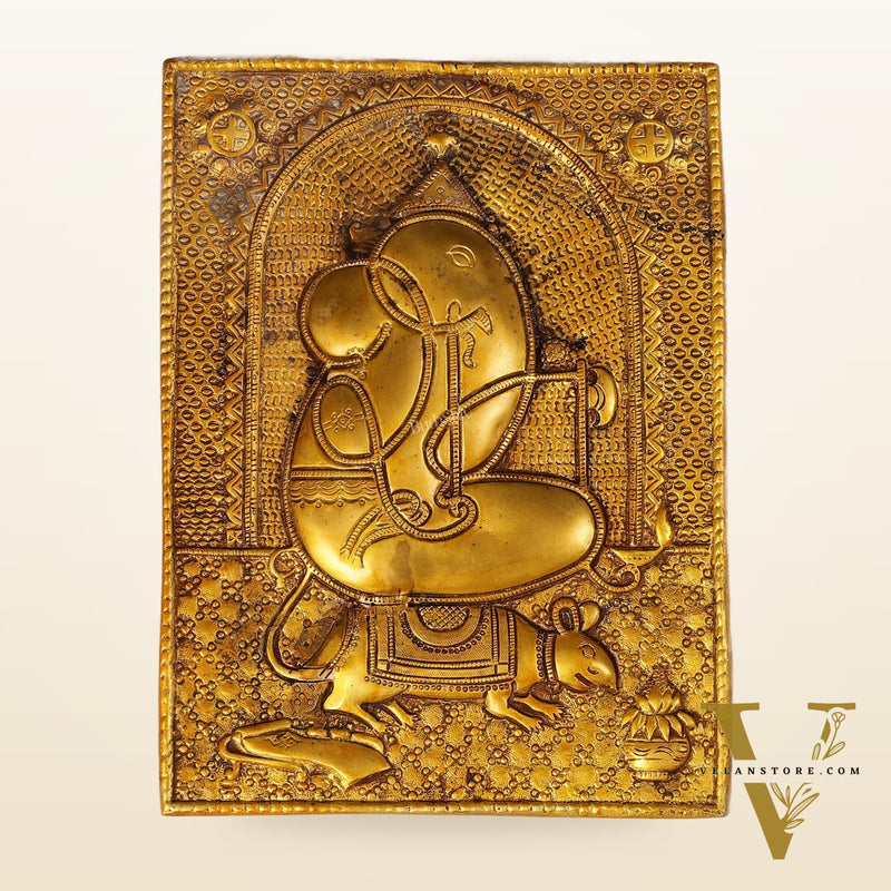 Exquisite 11.5-Inch Pure Brass Ganapati with Mooshak Wall Hanging