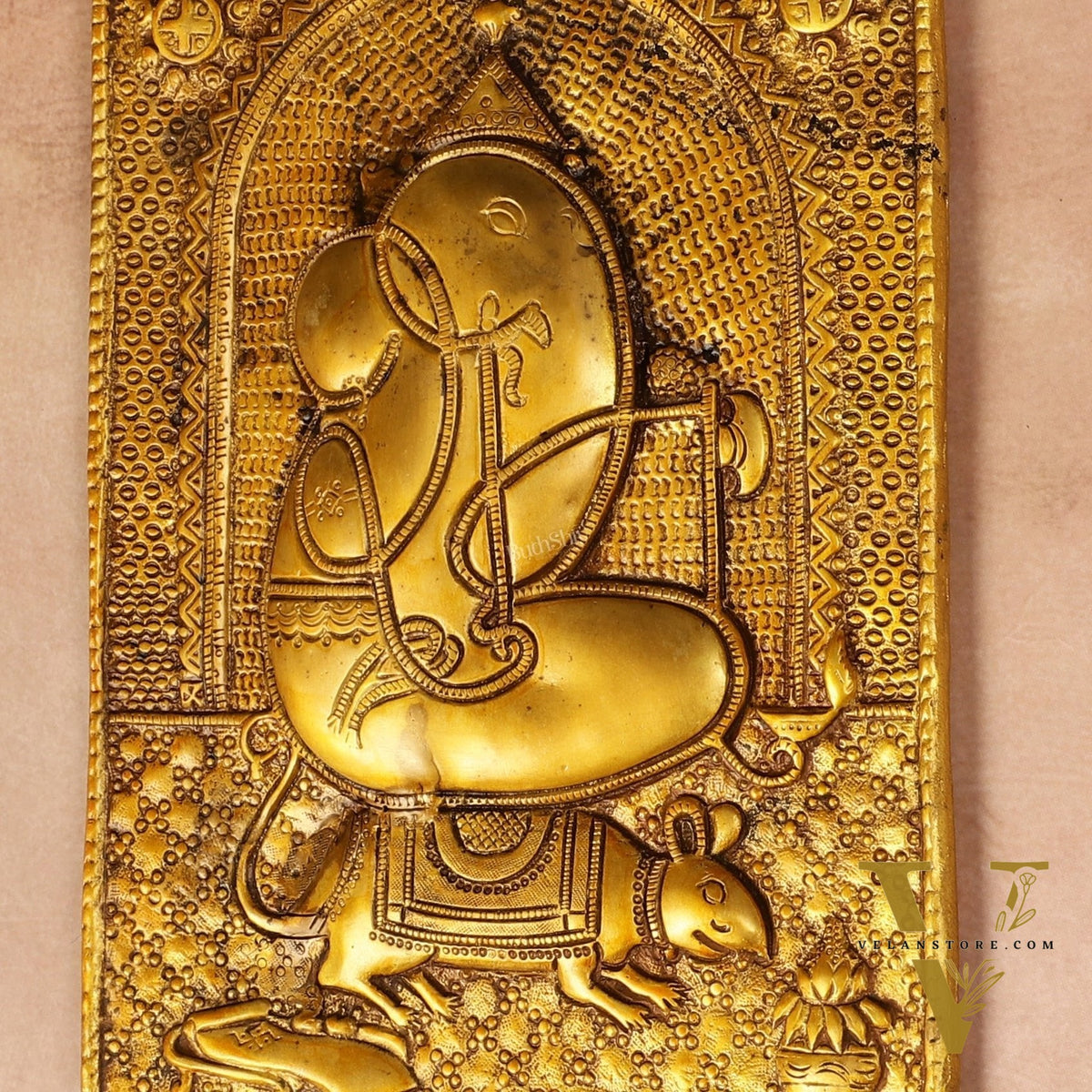 Exquisite 11.5-Inch Pure Brass Ganapati with Mooshak Wall Hanging