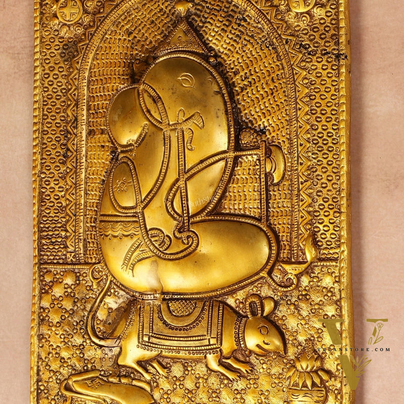 Exquisite 11.5-Inch Pure Brass Ganapati with Mooshak Wall Hanging
