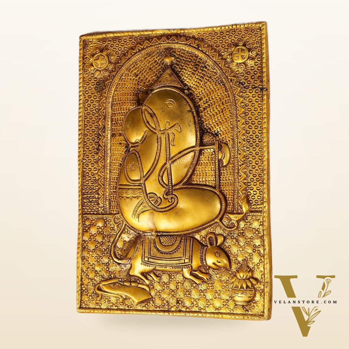Exquisite 11.5-Inch Pure Brass Ganapati with Mooshak Wall Hanging