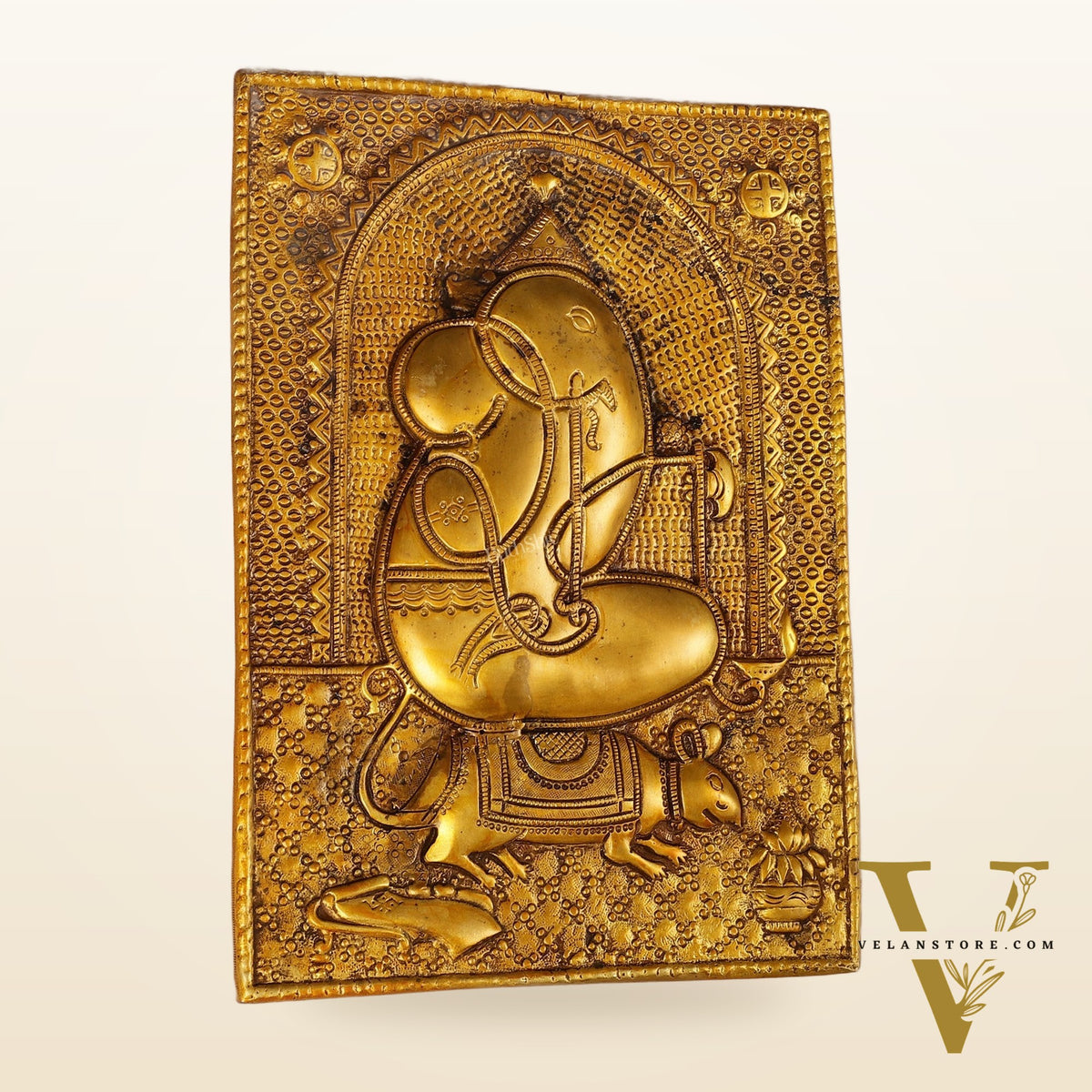 Exquisite 11.5-Inch Pure Brass Ganapati with Mooshak Wall Hanging