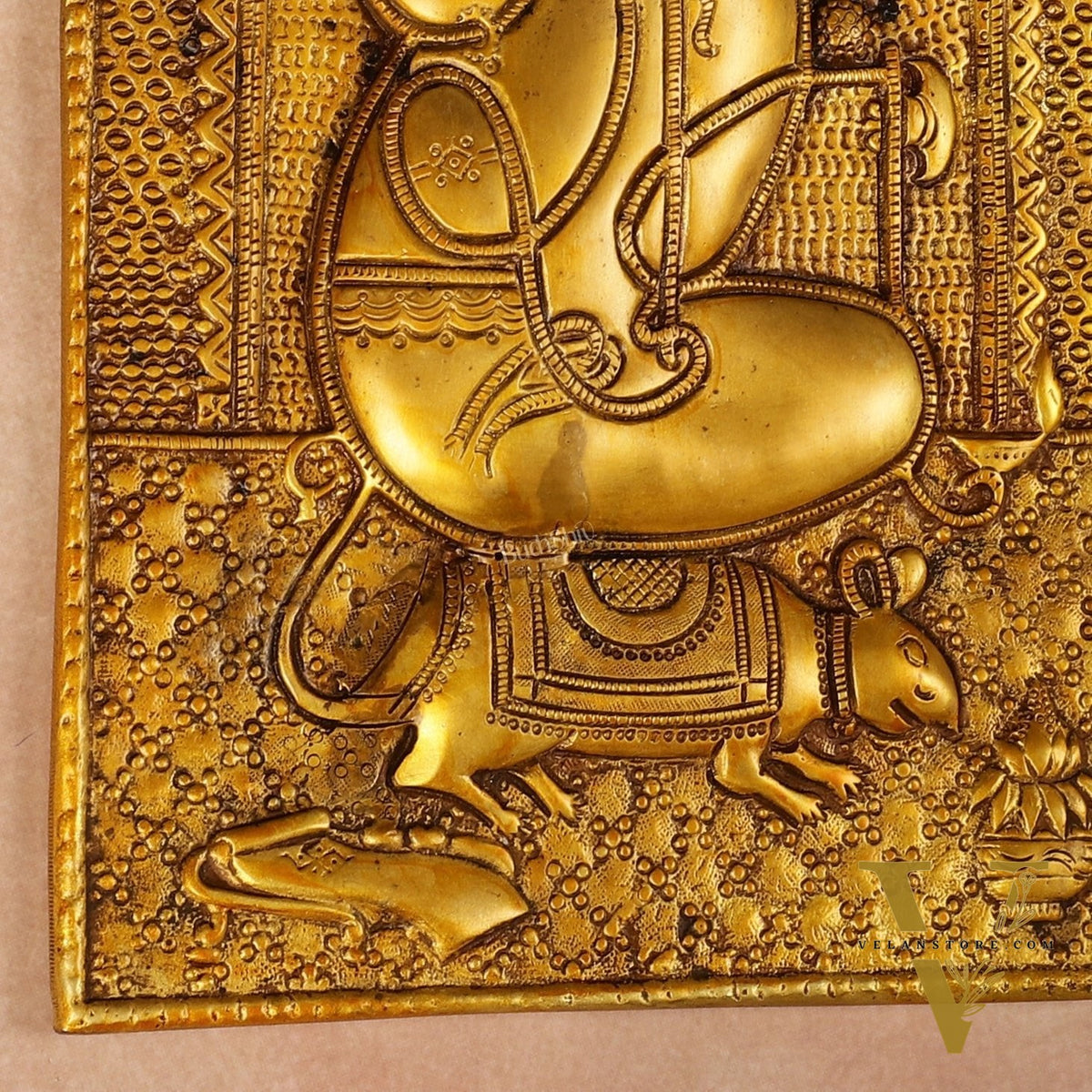 Exquisite 11.5-Inch Pure Brass Ganapati with Mooshak Wall Hanging