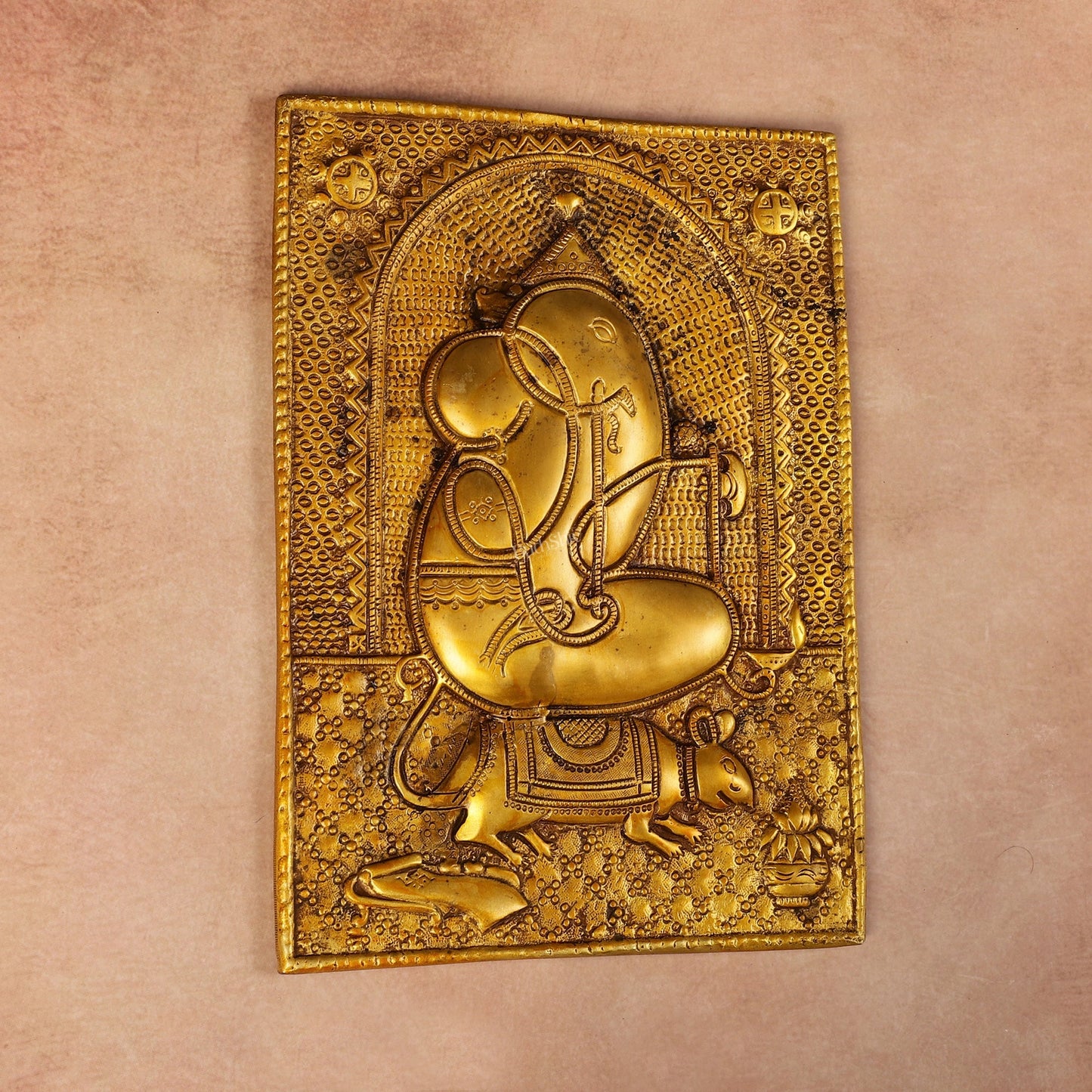 Exquisite 11.5-Inch Pure Brass Ganapati with Mooshak Wall Hanging