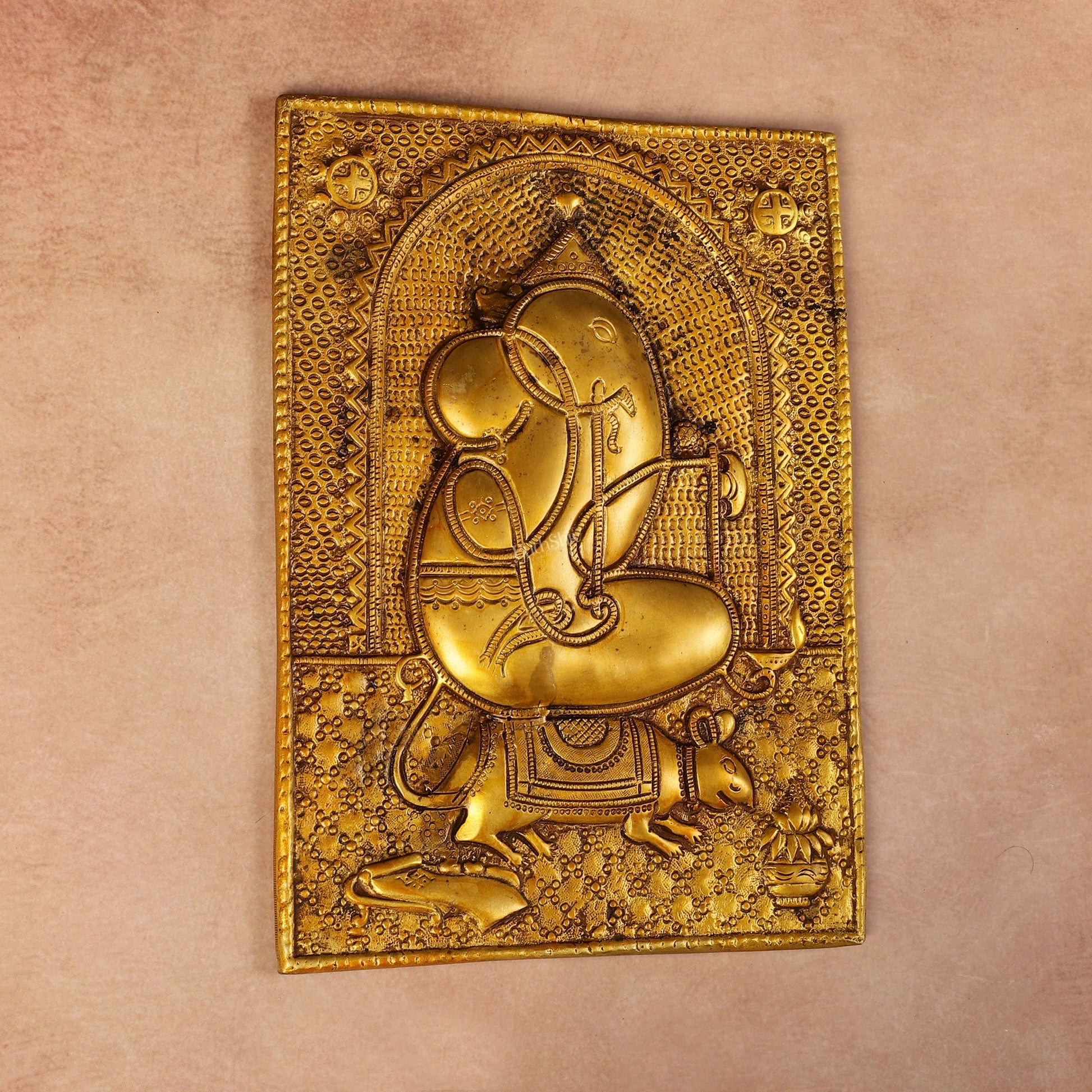 Exquisite 11.5-Inch Pure Brass Ganapati with Mooshak Wall Hanging
