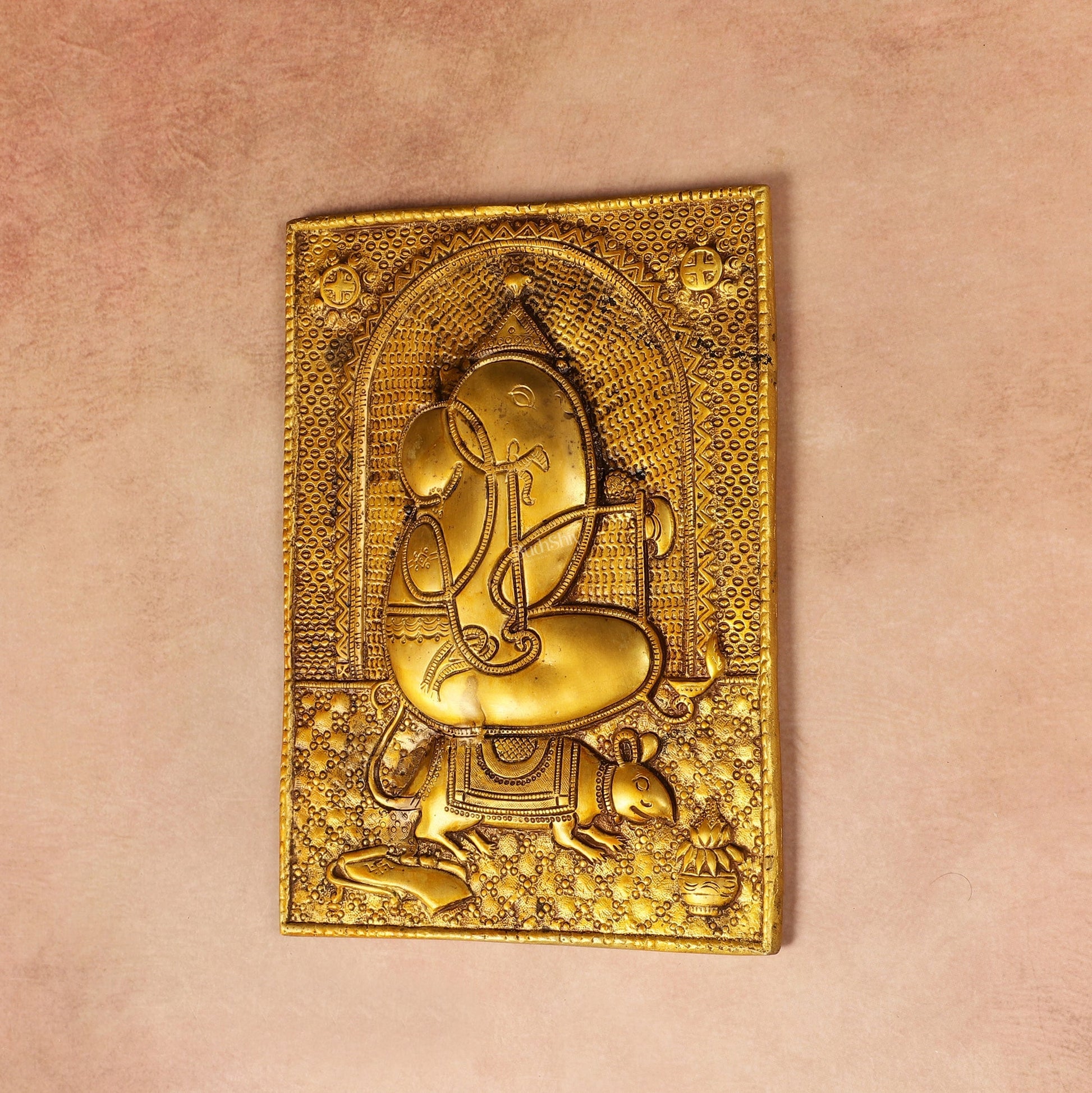 Exquisite 11.5-Inch Pure Brass Ganapati with Mooshak Wall Hanging