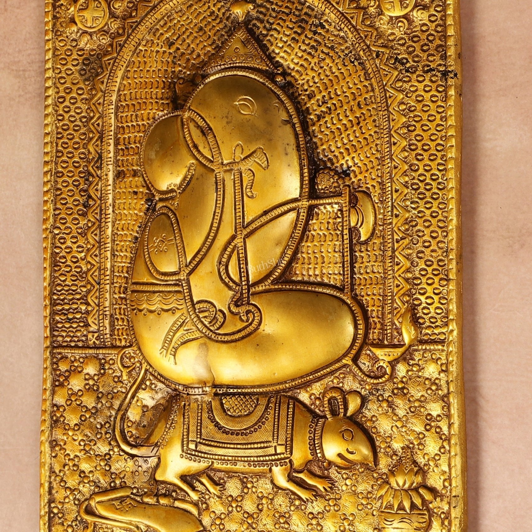 Exquisite 11.5-Inch Pure Brass Ganapati with Mooshak Wall Hanging