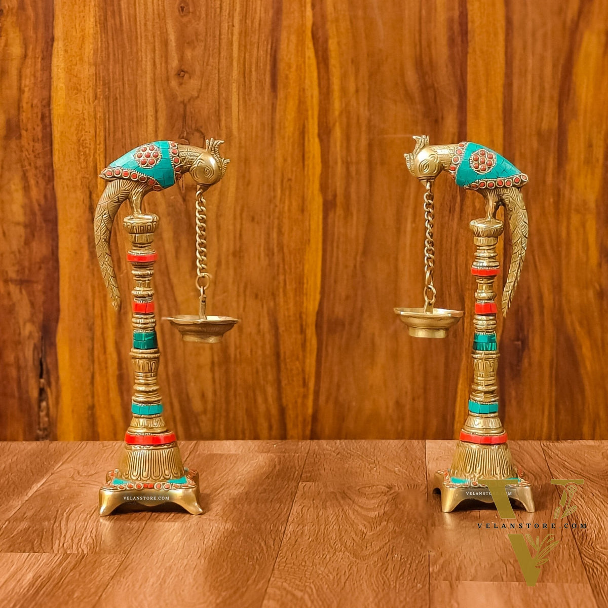 Exquisite 13-Inch Brass Parrot Lamp Pair with Intricate Stonework - A Captivating Decorative Delight