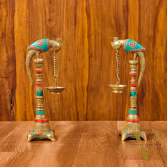 Exquisite 13-Inch Brass Parrot Lamp Pair with Intricate Stonework - A Captivating Decorative Delight