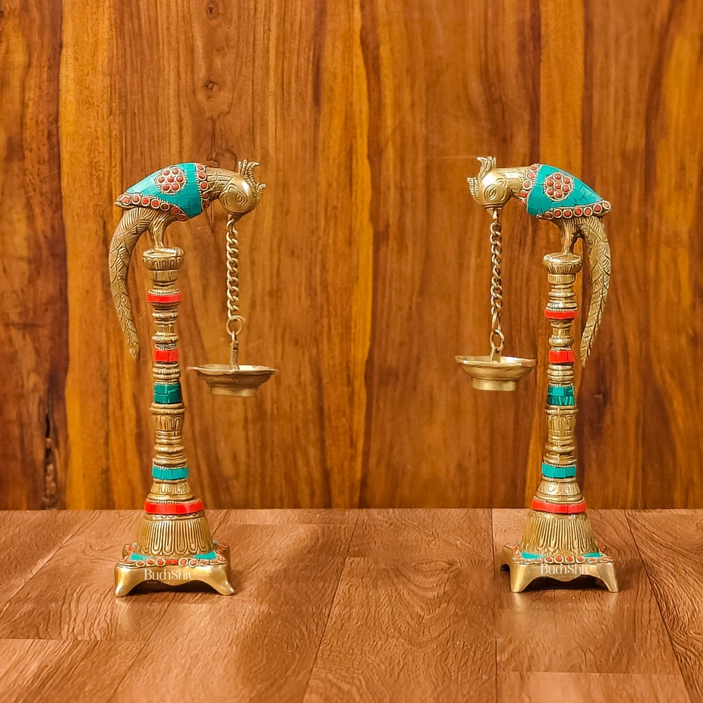 Exquisite 13-Inch Brass Parrot Lamp Pair with Intricate Stonework - A Captivating Decorative Delight