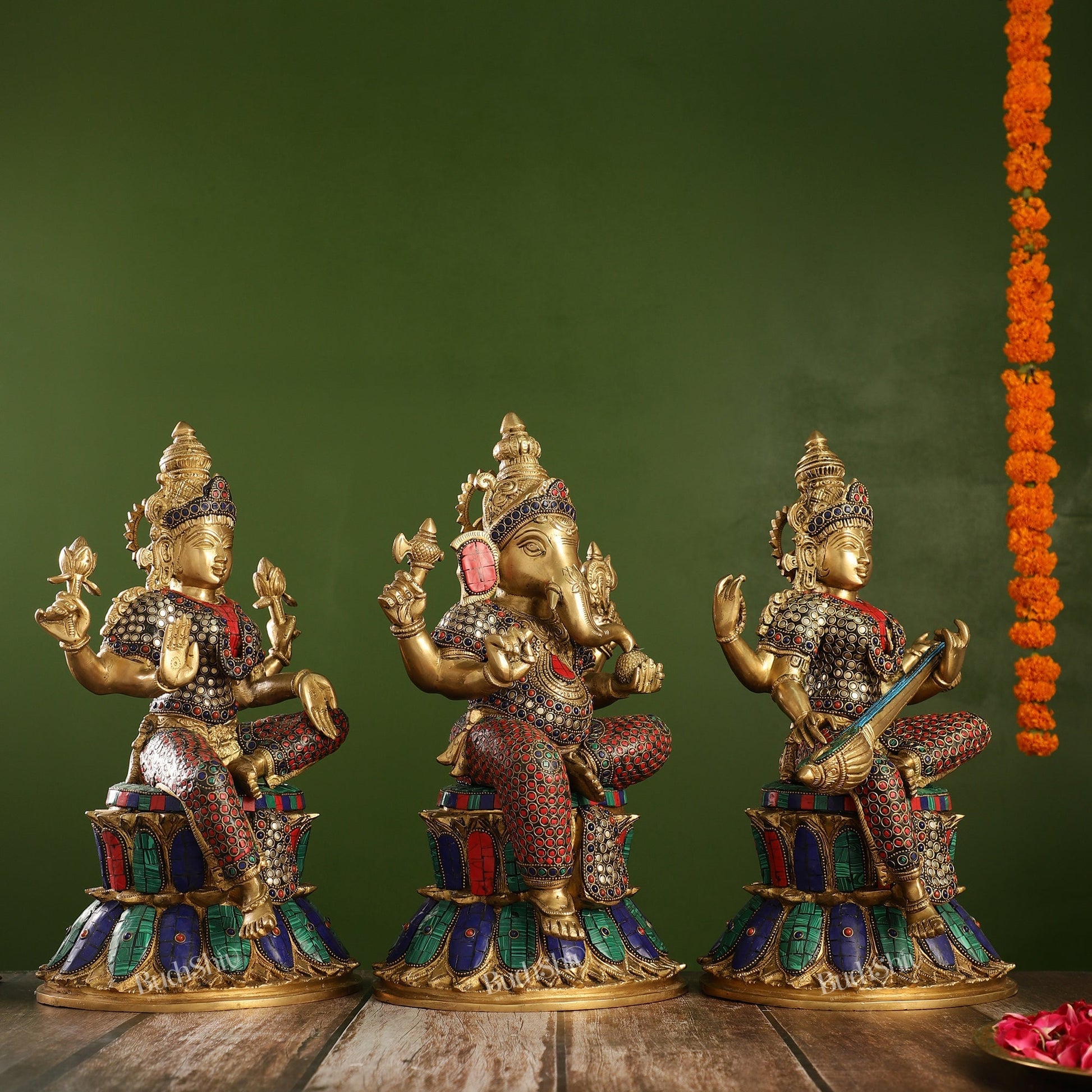 Pure Brass Ganesh lakshmi Saraswati Idols 15 inch