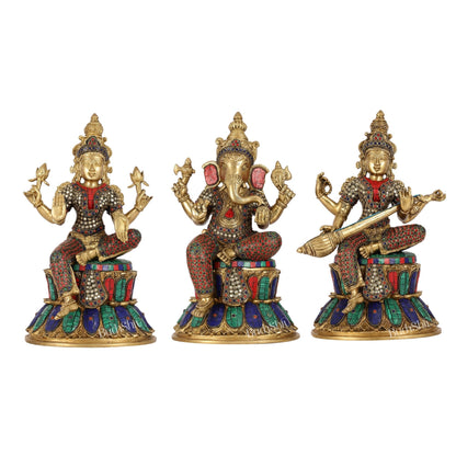 Pure Brass Ganesh lakshmi Saraswati Idols 15 inch