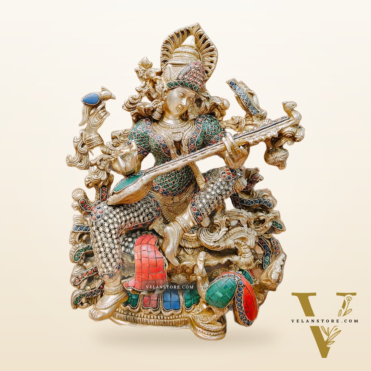 Exquisite 16" Superfine Brass Goddess Saraswati Statue