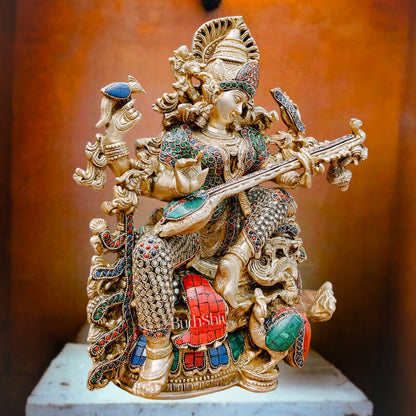 Exquisite 16" Superfine Brass Goddess Saraswati Statue