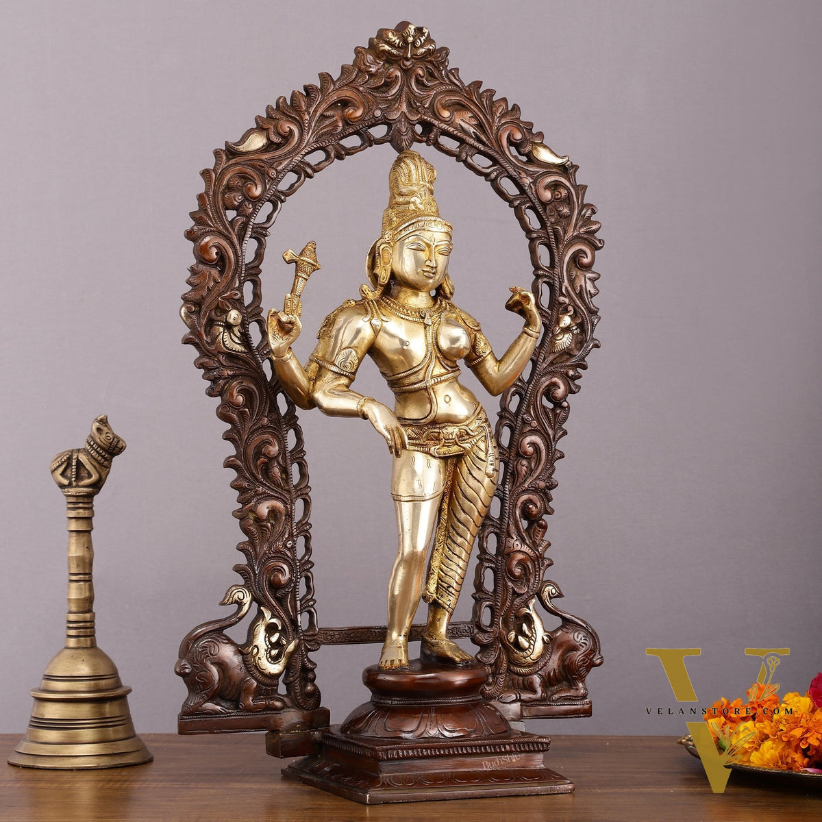 Exquisite 18" Brass Ardhanarishwara Statue with Prabhavali - Unique Brown Gold Finish