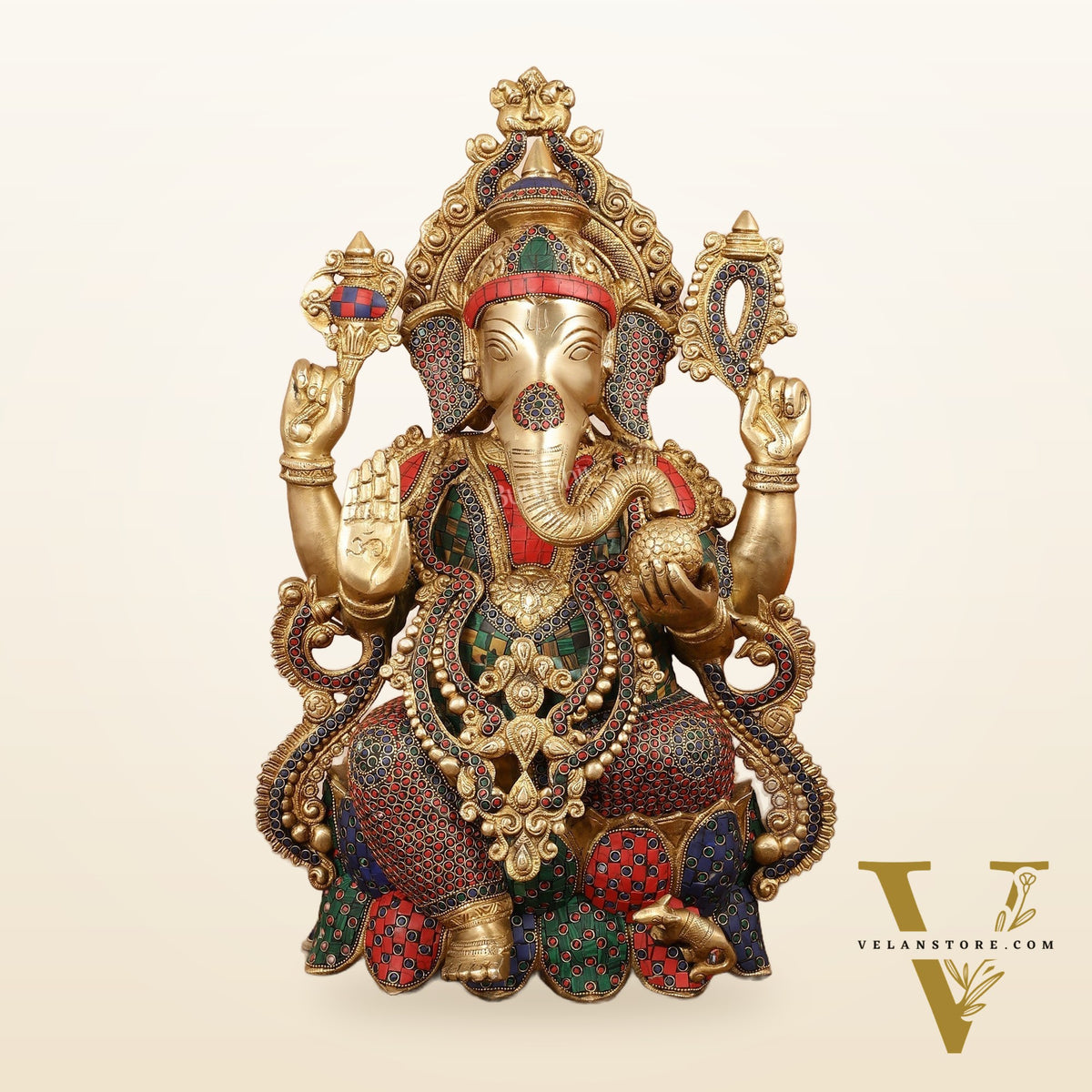 Exquisite 21 Inch Brass Ganesha Statue Seated on Lotus with Stonework
