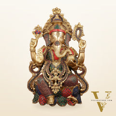 Exquisite 21 Inch Brass Ganesha Statue Seated on Lotus with Stonework
