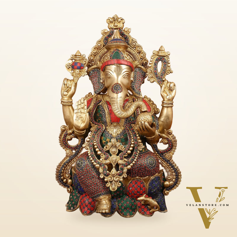Exquisite 21 Inch Brass Ganesha Statue Seated on Lotus with Stonework
