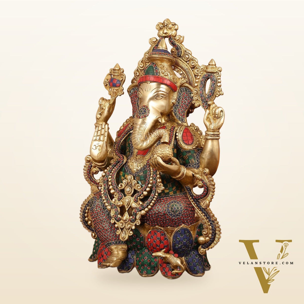 Exquisite 21 Inch Brass Ganesha Statue Seated on Lotus with Stonework