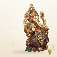 Exquisite 21 Inch Brass Ganesha Statue Seated on Lotus with Stonework