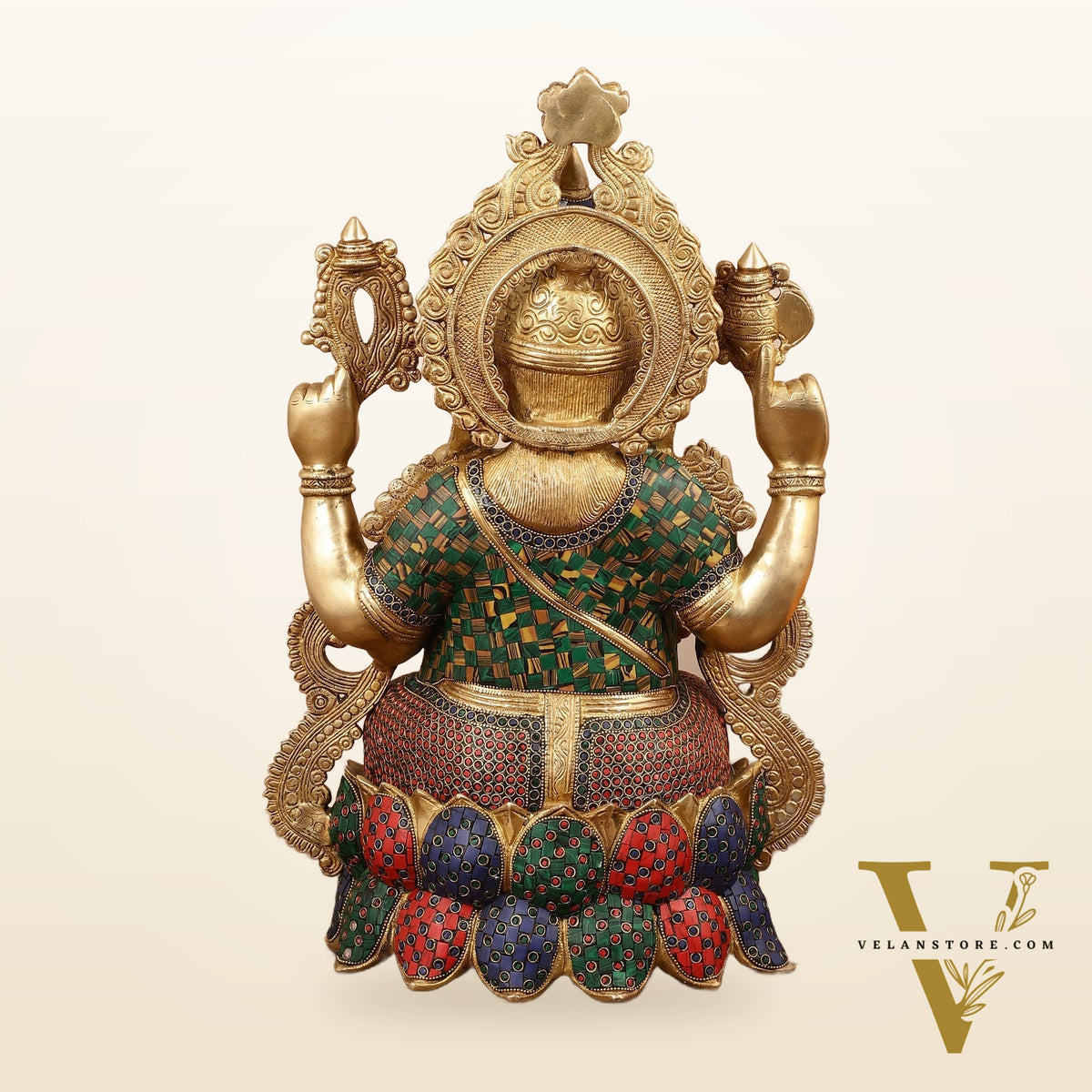 Exquisite 21 Inch Brass Ganesha Statue Seated on Lotus with Stonework