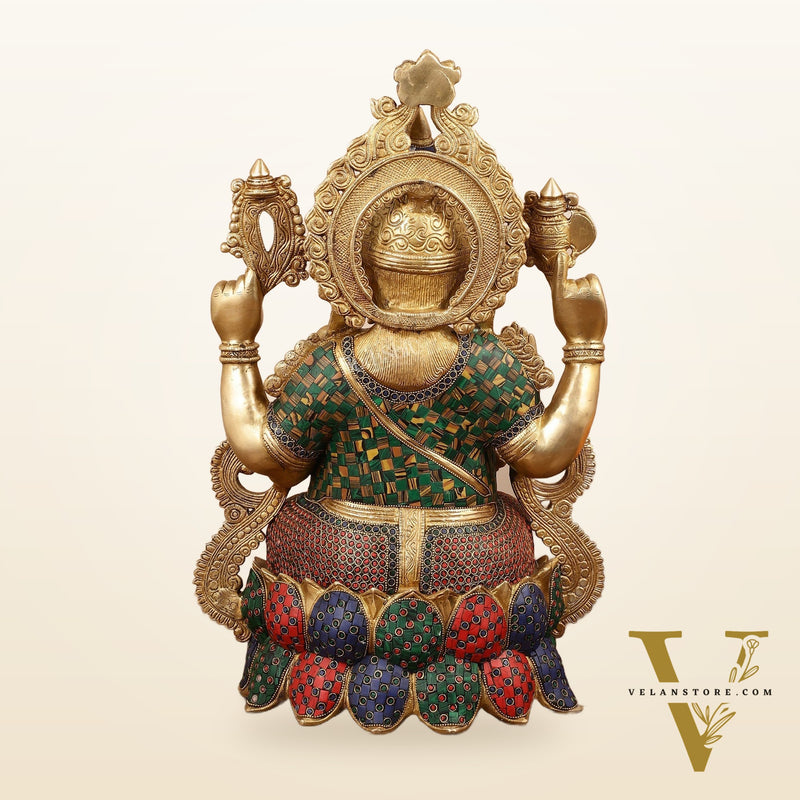 Exquisite 21 Inch Brass Ganesha Statue Seated on Lotus with Stonework