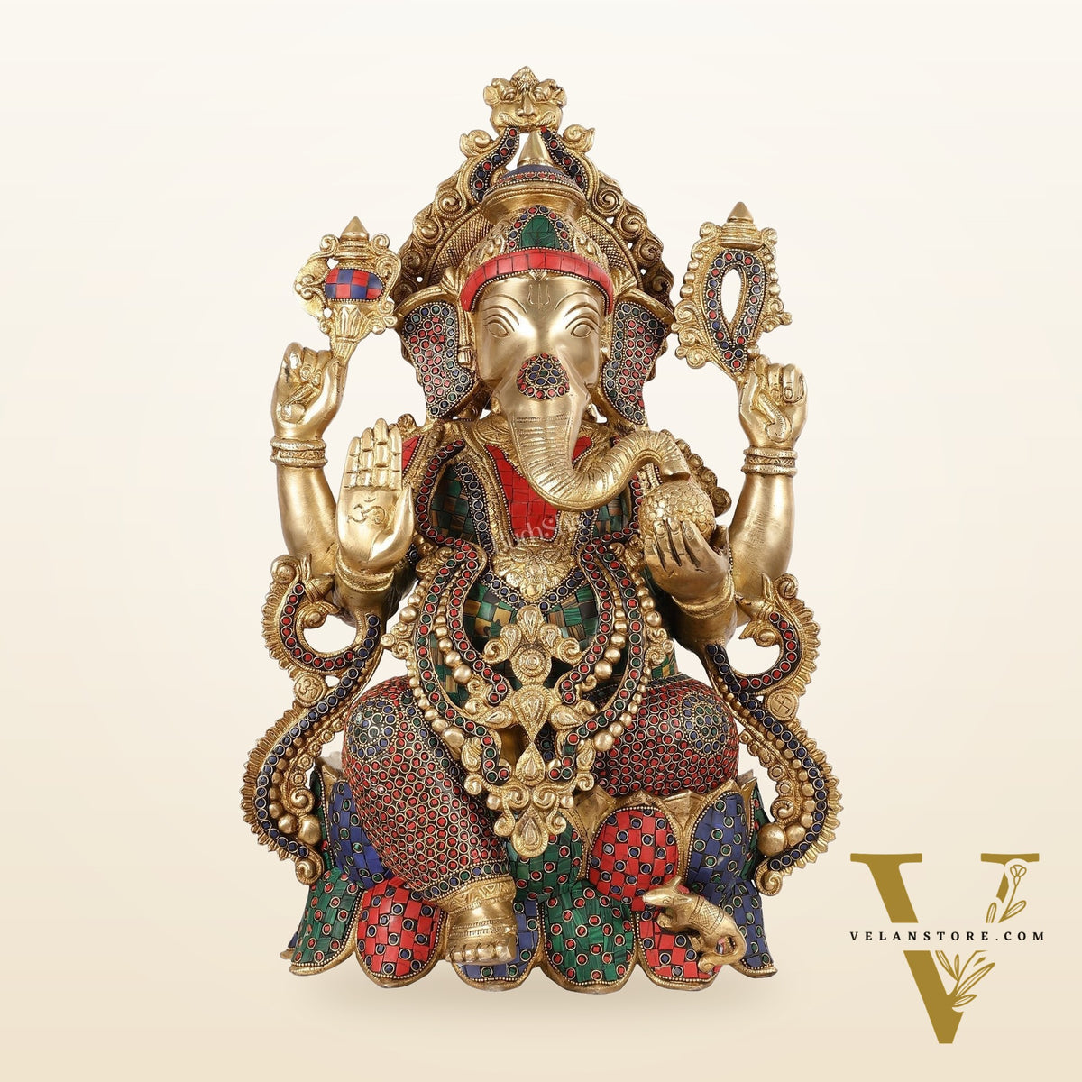 Exquisite 21 Inch Brass Ganesha Statue Seated on Lotus with Stonework