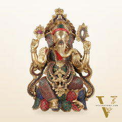 Exquisite 21 Inch Brass Ganesha Statue Seated on Lotus with Stonework