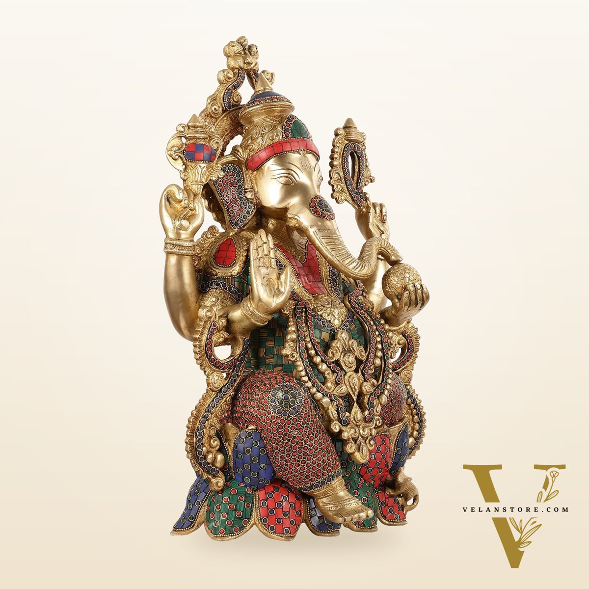 Exquisite 21 Inch Brass Ganesha Statue Seated on Lotus with Stonework