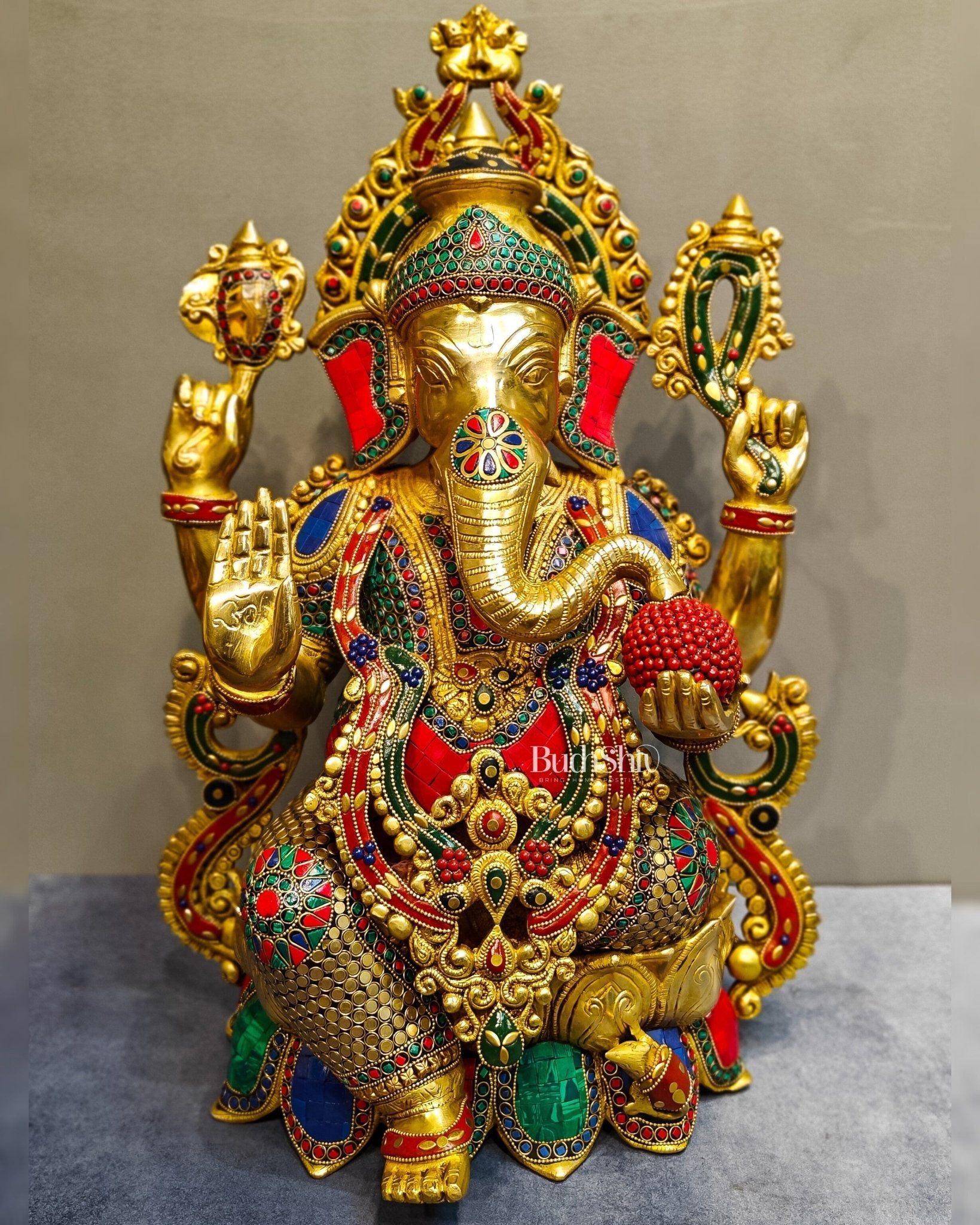Brass Ganesha Statue: 21" Tall with Intricate Stonework