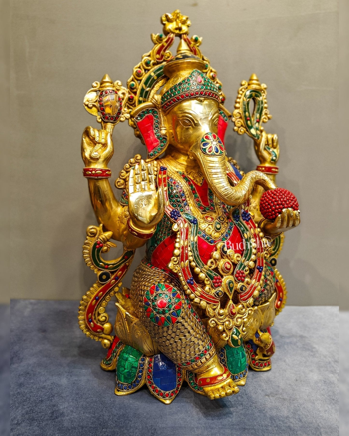 Brass Ganesha Statue: 21" Tall with Intricate Stonework