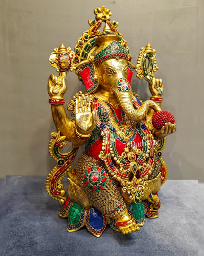 Brass Ganesha Statue: 21" Tall with Intricate Stonework