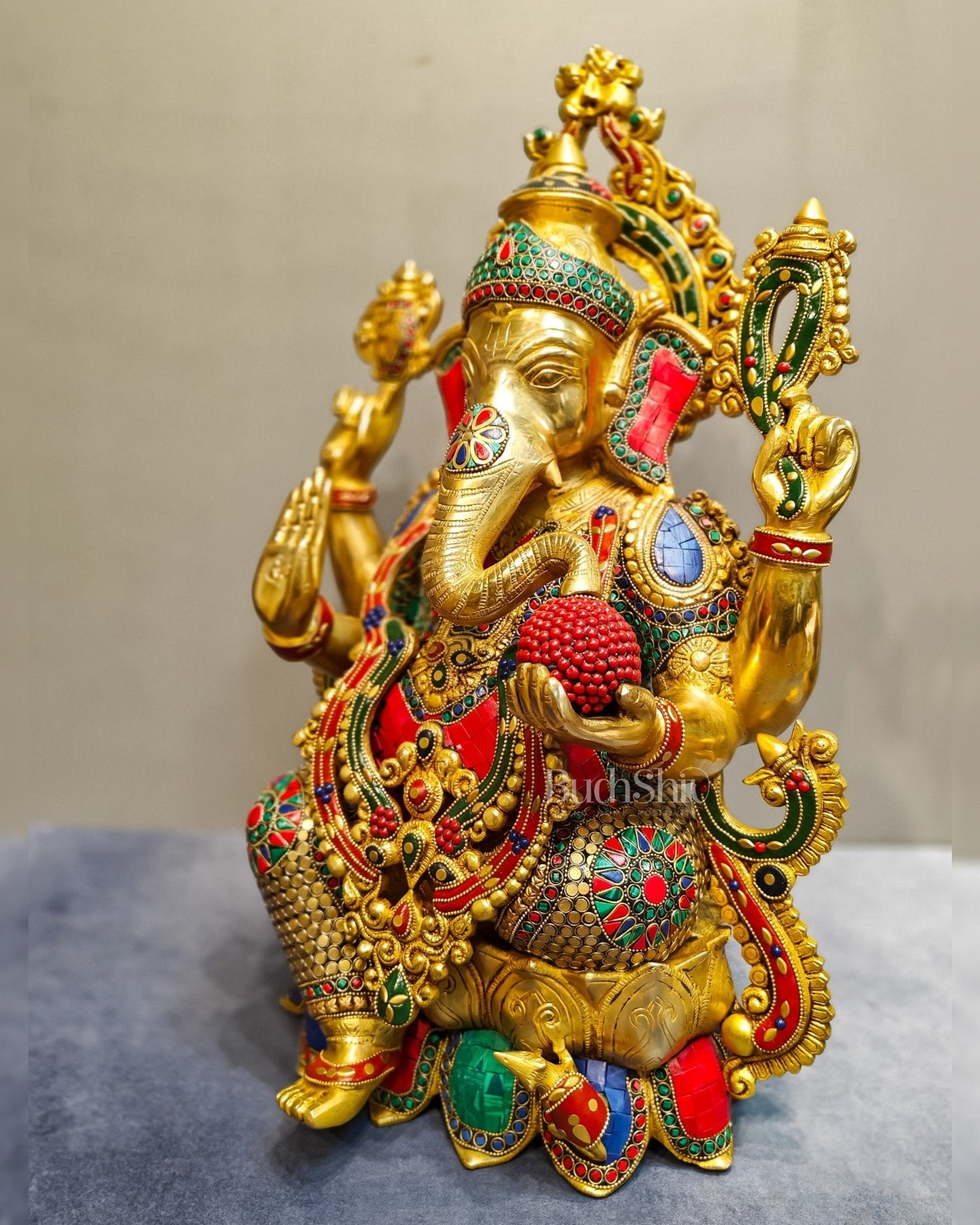Brass Ganesha Statue: 21" Tall with Intricate Stonework