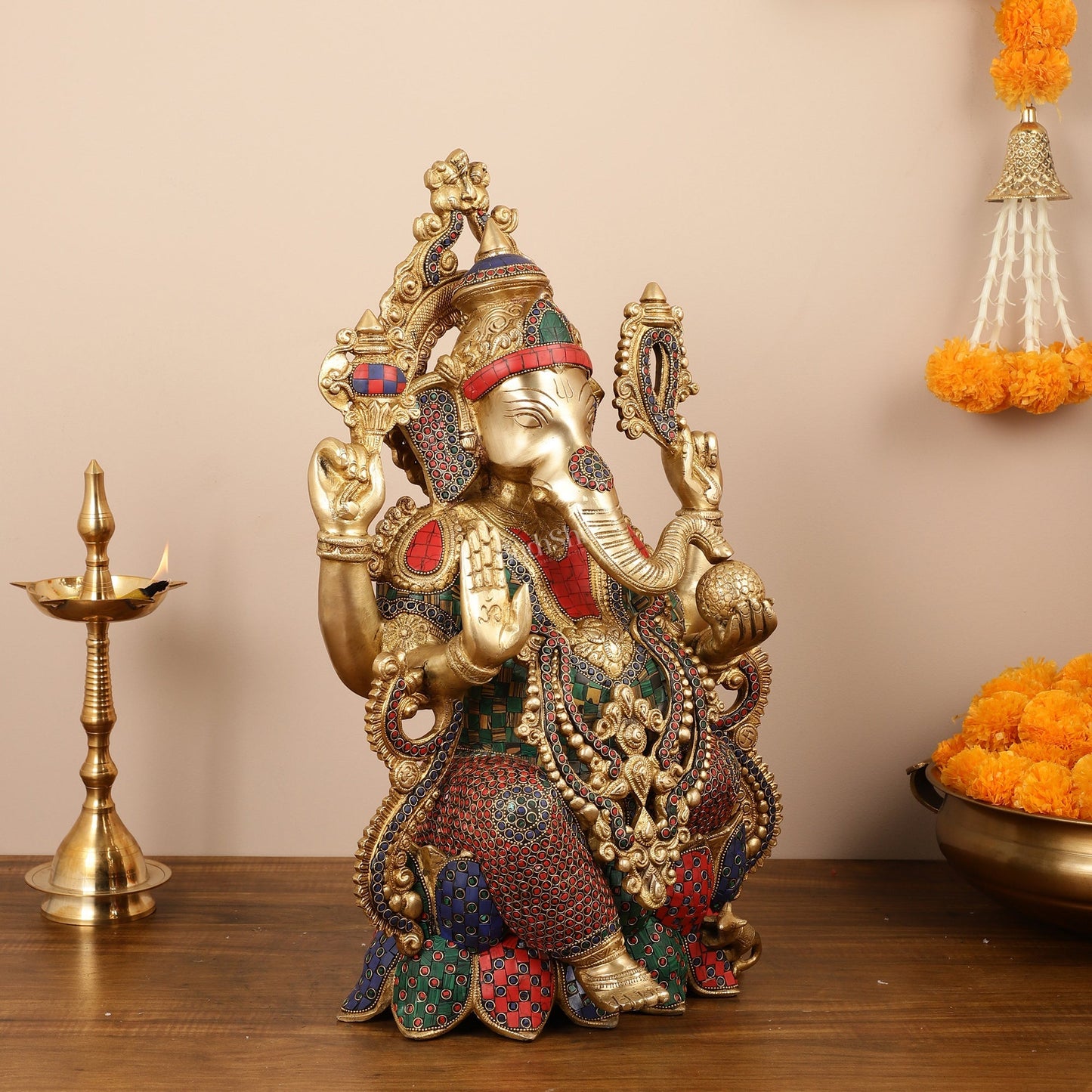 Exquisite 21 Inch Brass Ganesha Statue Seated on Lotus with Stonework