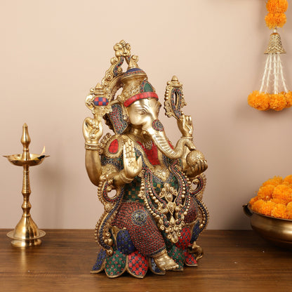 Exquisite 21 Inch Brass Ganesha Statue Seated on Lotus with Stonework