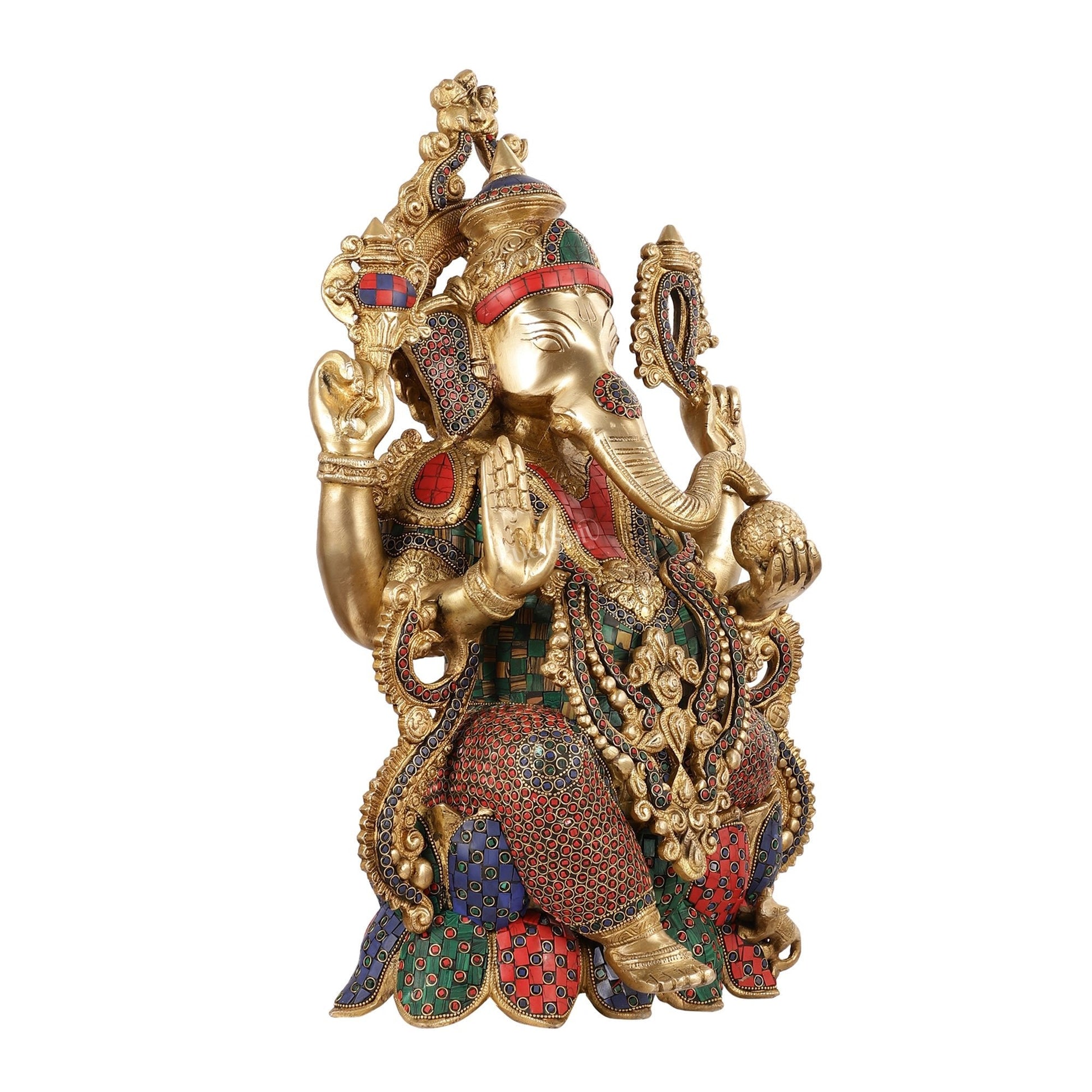 Exquisite 21 Inch Brass Ganesha Statue Seated on Lotus with Stonework