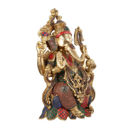 Exquisite 21 Inch Brass Ganesha Statue Seated on Lotus with Stonework