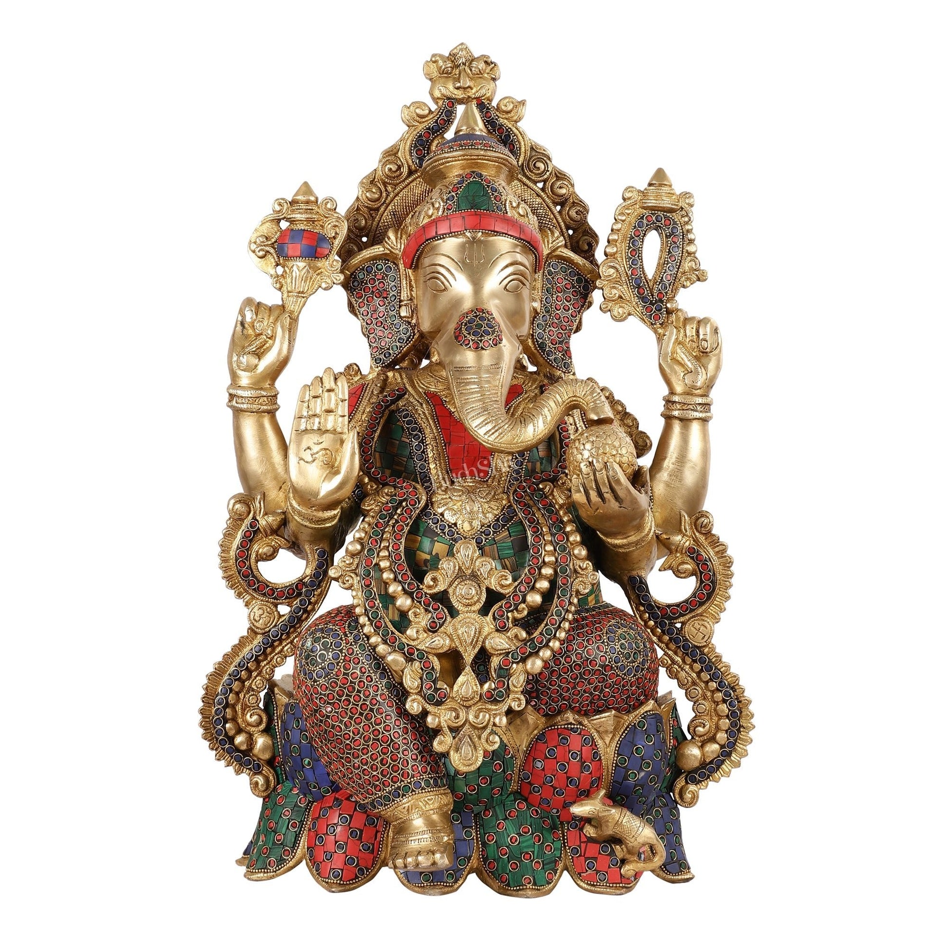Exquisite 21 Inch Brass Ganesha Statue Seated on Lotus with Stonework