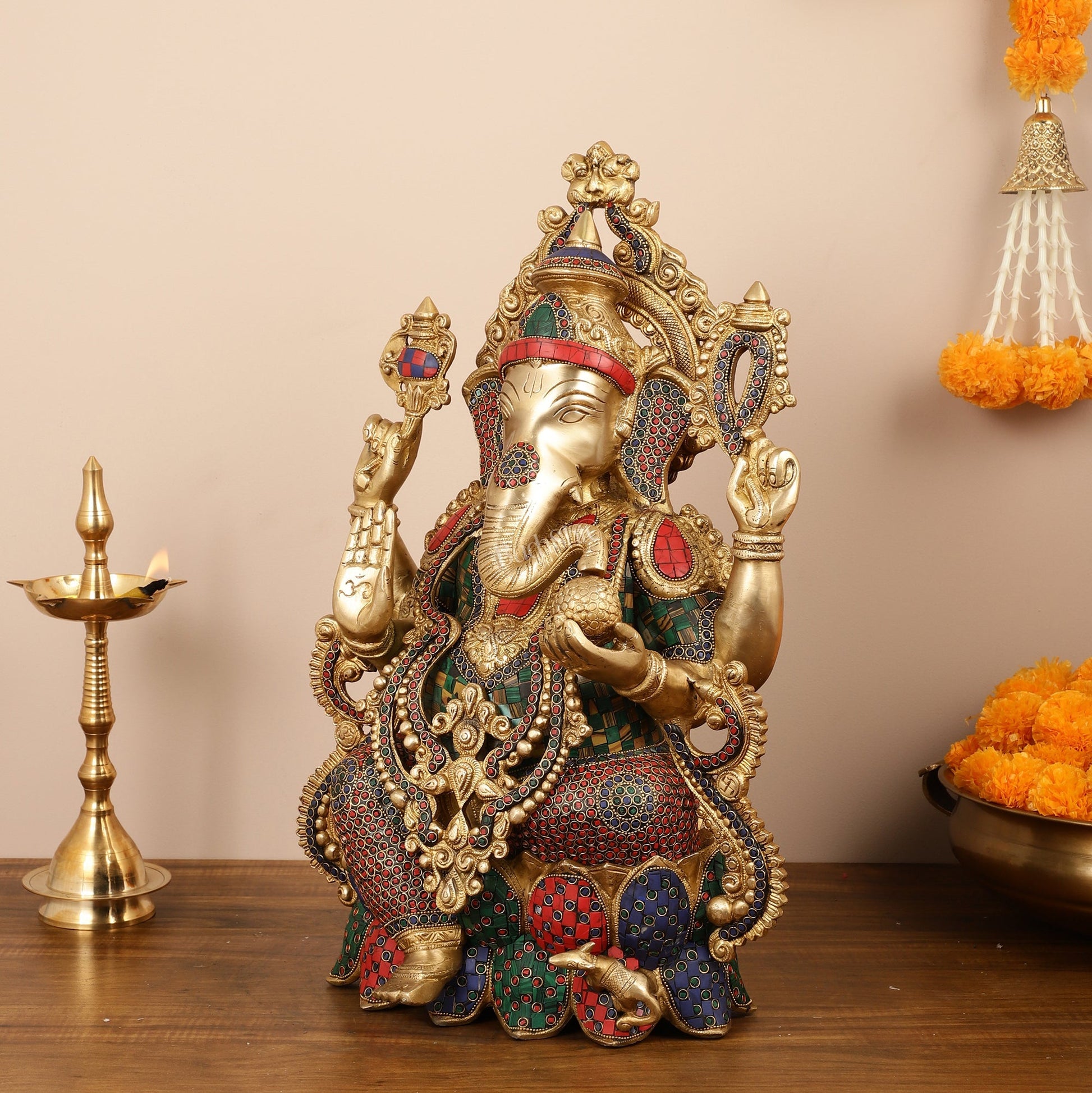 Exquisite 21 Inch Brass Ganesha Statue Seated on Lotus with Stonework