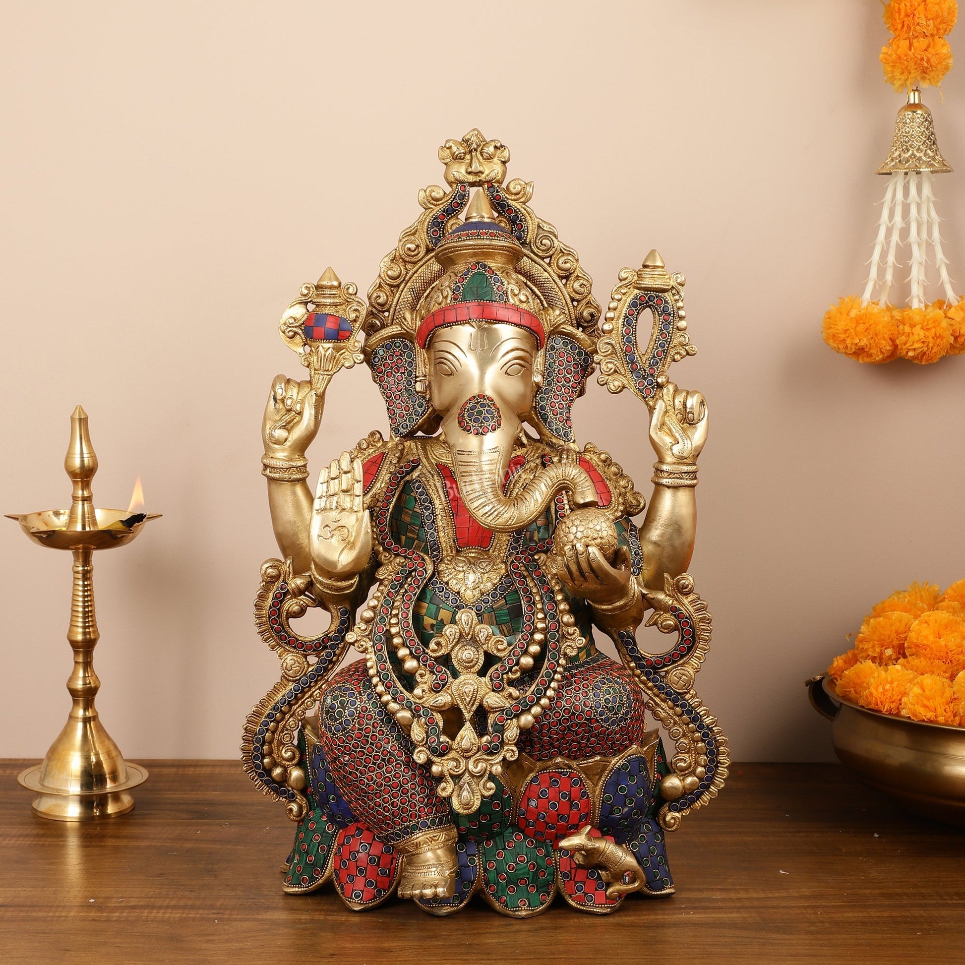 Exquisite 21 Inch Brass Ganesha Statue Seated on Lotus with Stonework