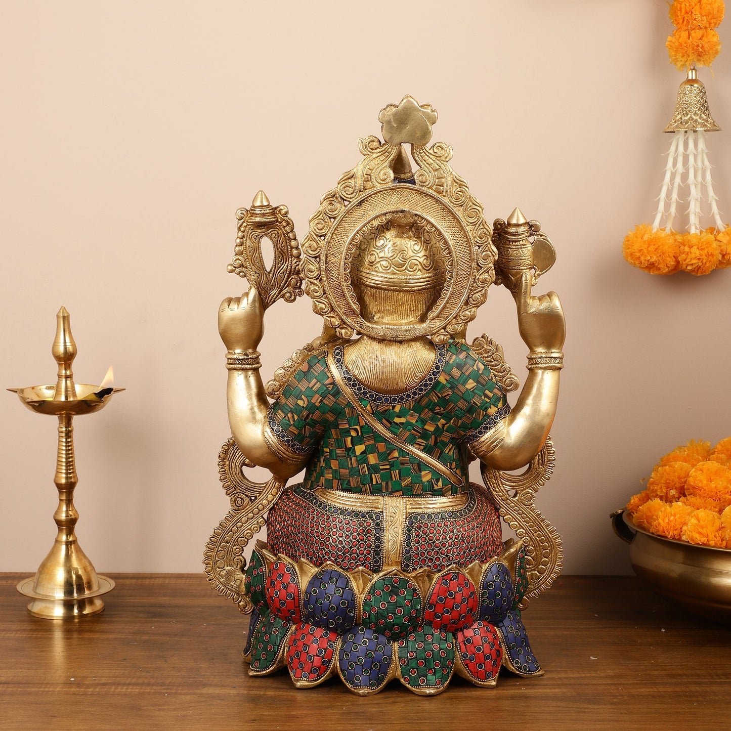 Exquisite 21 Inch Brass Ganesha Statue Seated on Lotus with Stonework