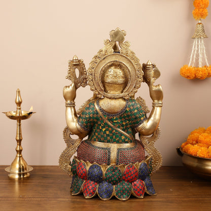 Exquisite 21 Inch Brass Ganesha Statue Seated on Lotus with Stonework